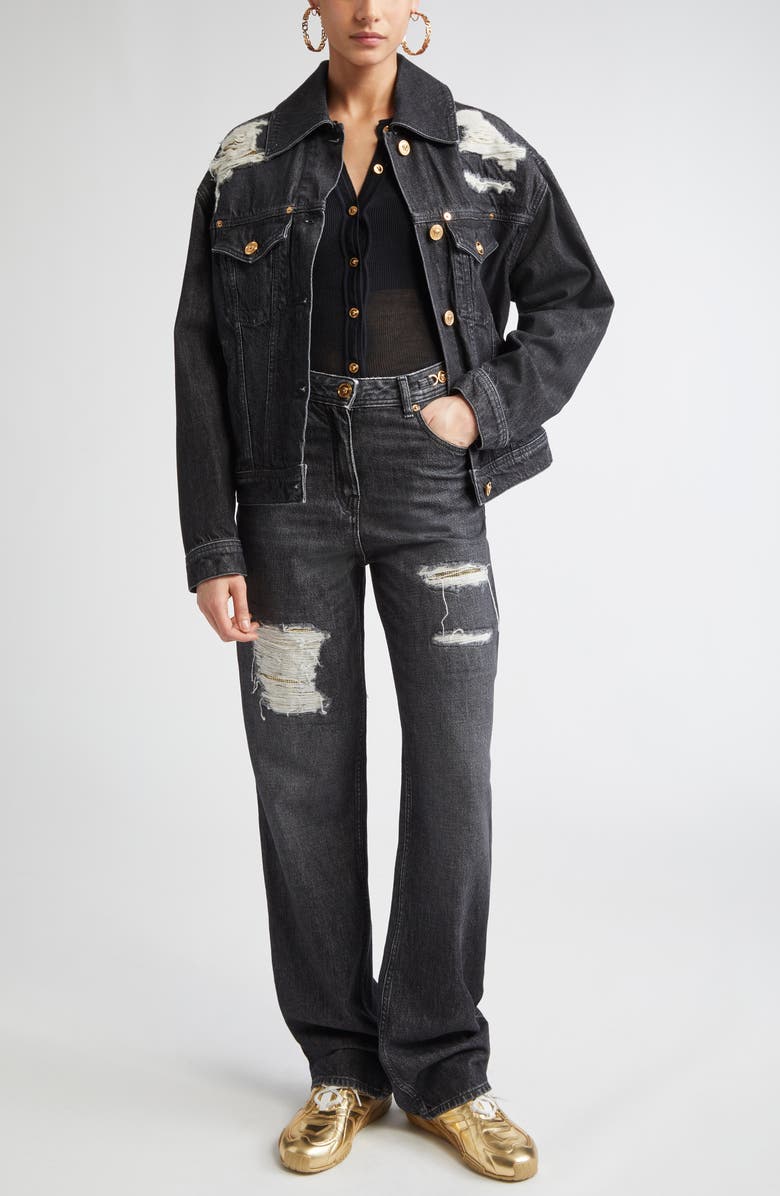 Versace Rip & Repair Denim Trucker Jacket, Alternate, color, Black