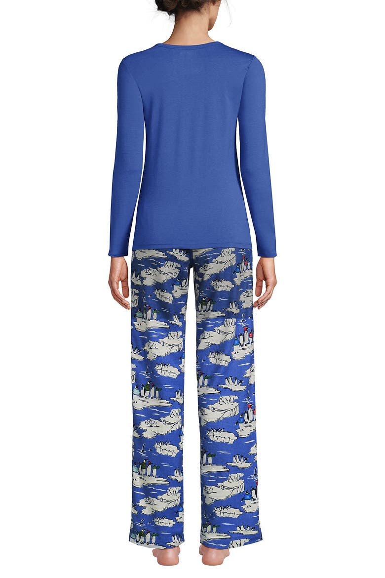 Pajama Set Knit Long Sleeve T-Shirt and Flannel Pants, Alternate, color, Cobalt Blue Holiday Penguins