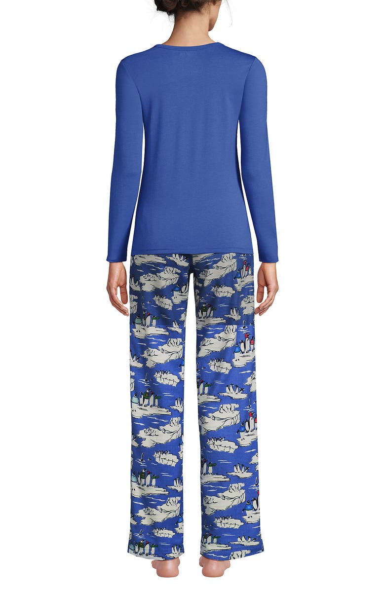 Lands' End Pajama Set Knit Long Sleeve T-Shirt and Flannel Pants, Alternate, color, Cobalt Blue Holiday Penguins
