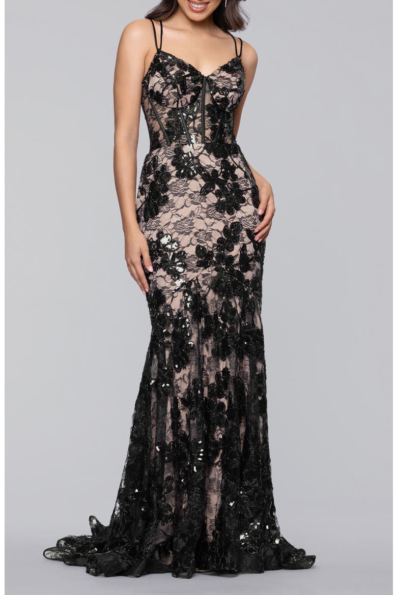 Sequin Strappy Lace Trumpet Gown, Main, color, BLACK/ NUDE