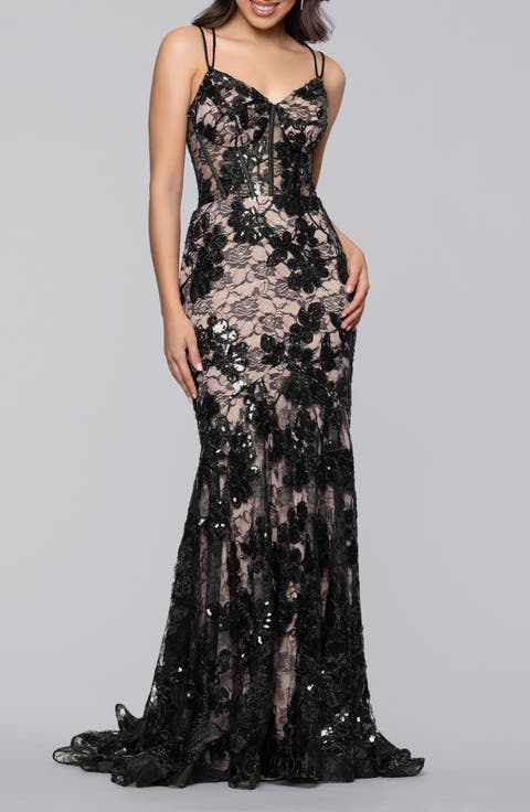 Sequin Strappy Lace Trumpet Gown