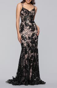 Blondie Nites Sequin Strappy Lace Trumpet Gown