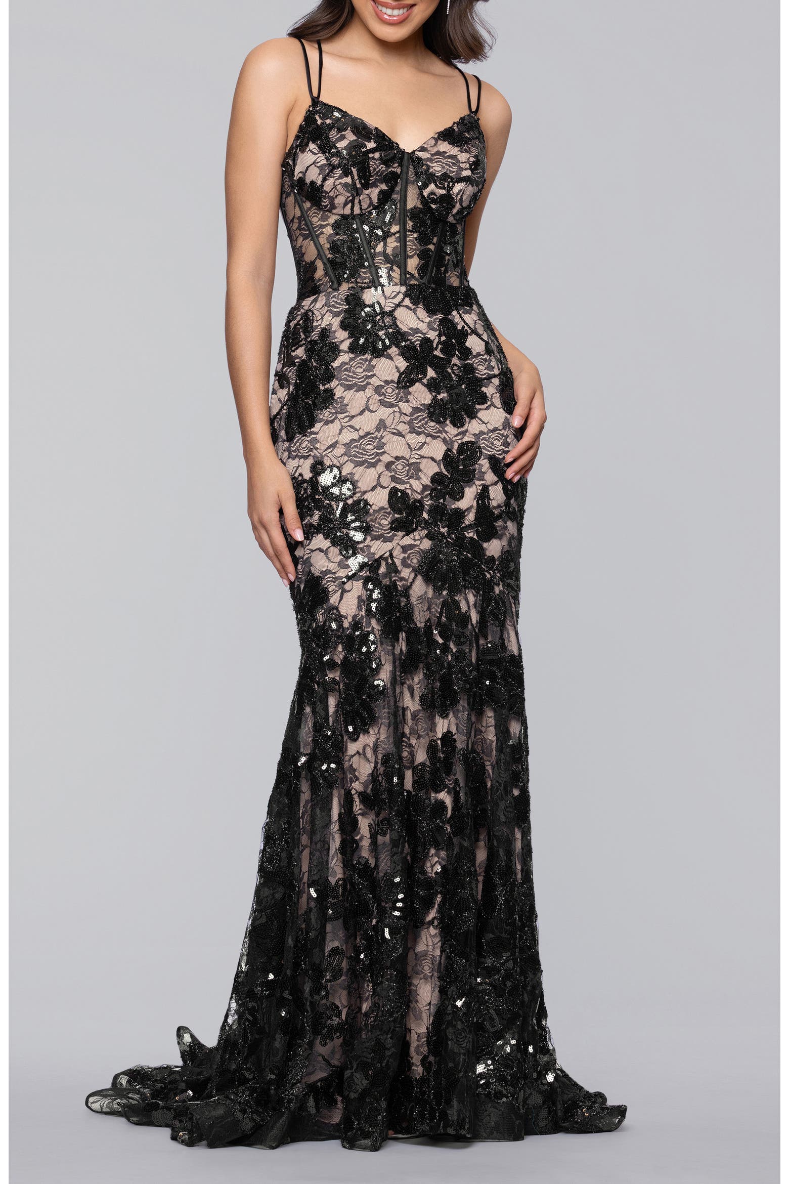 Every Trumpit Note Blondie Nites Sequin Strappy Lace Trumpet Gown (Women) | Nordstrom