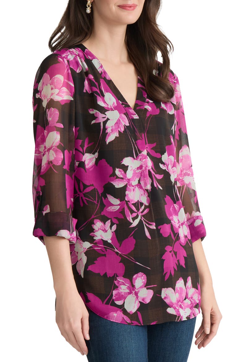 Floral Print V-Neck Tunic, Alternate, color, FUDGE MULTI