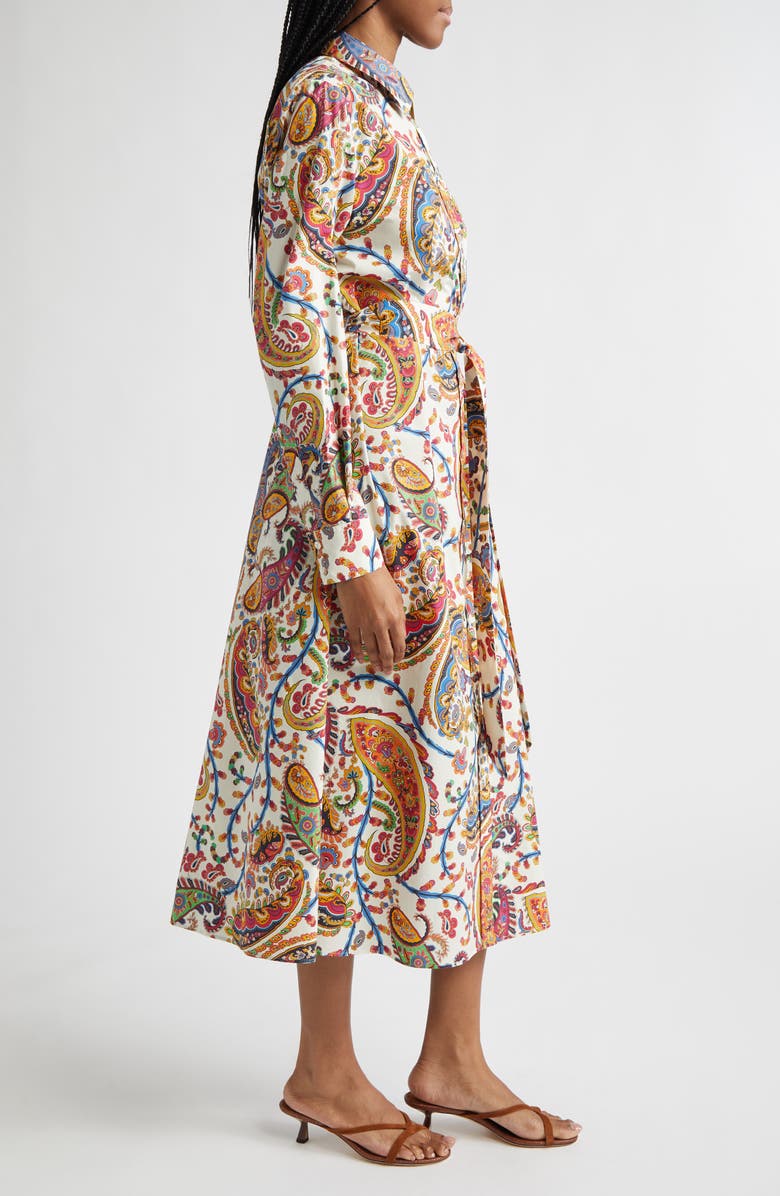 Etro Floral Paisley Belted Cotton Poplin Shirtdress, Alternate, color, Print On White Base