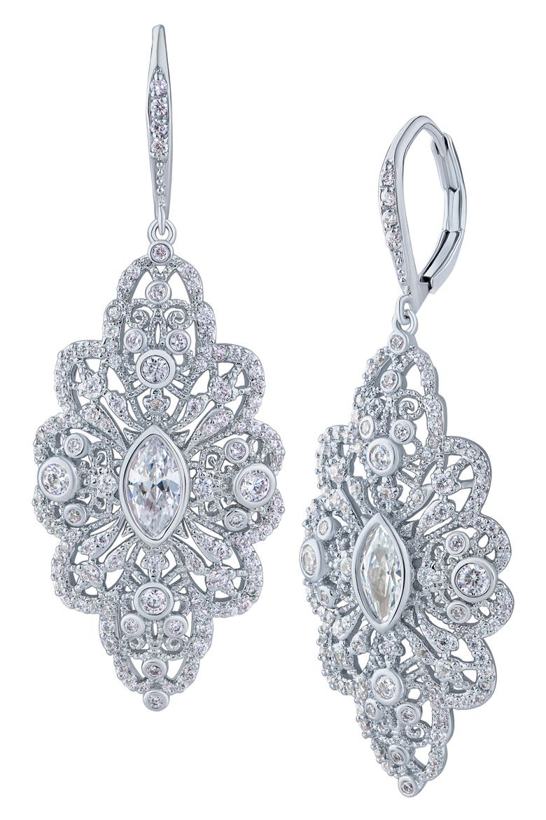 Open Work Filagree Drop Earrings, Main, color, CLEAR SILVER
