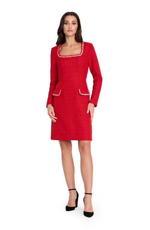 Tahari Asl Faux Pearl & Rhinestone Detail Long Sleeve Tweed Dress In Animal Print