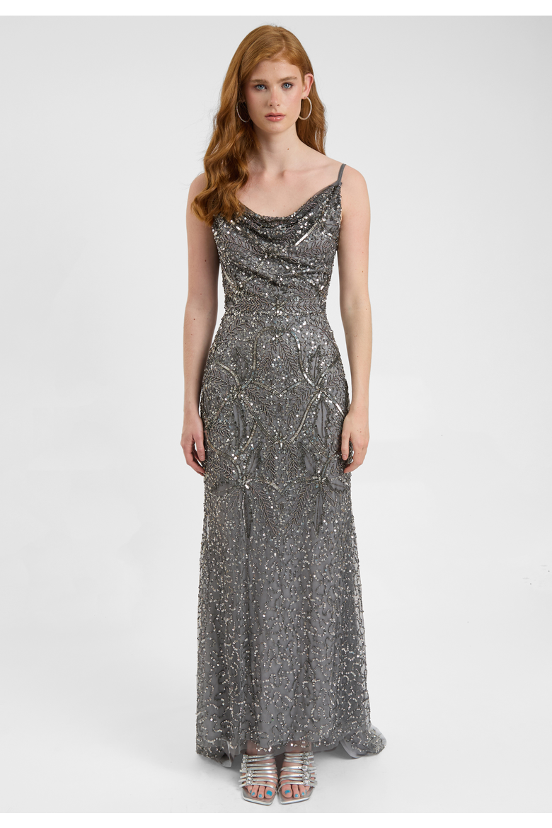 Embellished Sequin Beaded Maxi Dress With Cowl Neck, Main, color, CHARCOAL