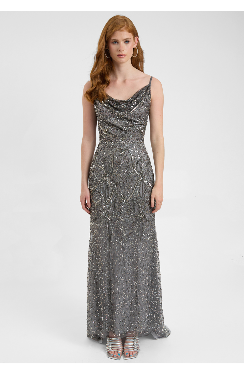 BEAUUT Embellished Sequin Beaded Maxi Dress With Cowl Neck, Main, color, Charcoal