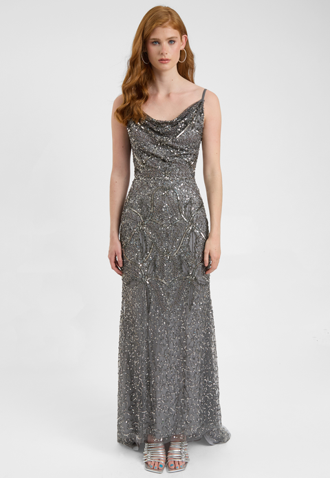 Embellished Sequin Beaded Maxi Dress With Cowl Neck