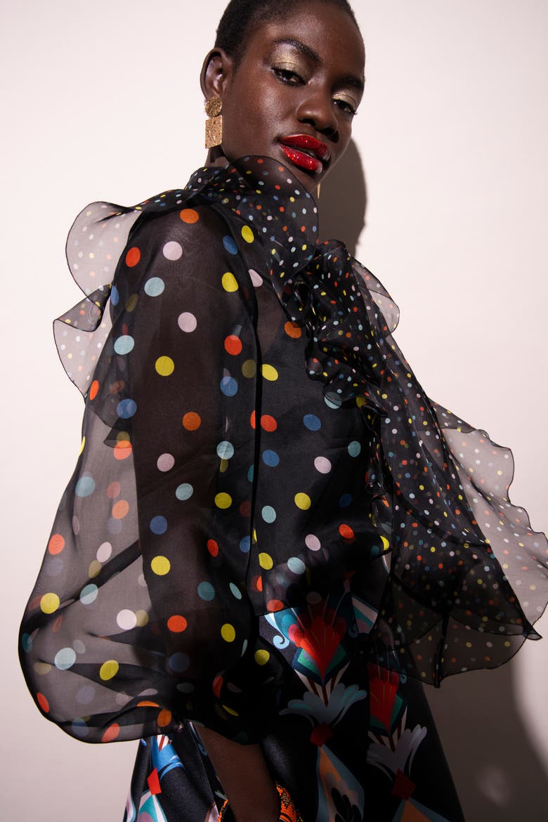 Printed Silk Organza Blouse With Flounces Polka dot print, Alternate, color, Black Multicolour