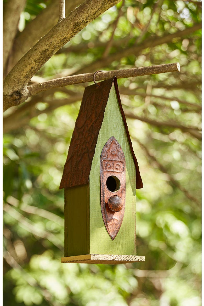 13.25"H Retro Wooden Distressed Garden Birdhouse, Alternate, color, Green