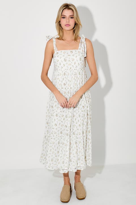 Floral Shoulder Tie Midi Dress