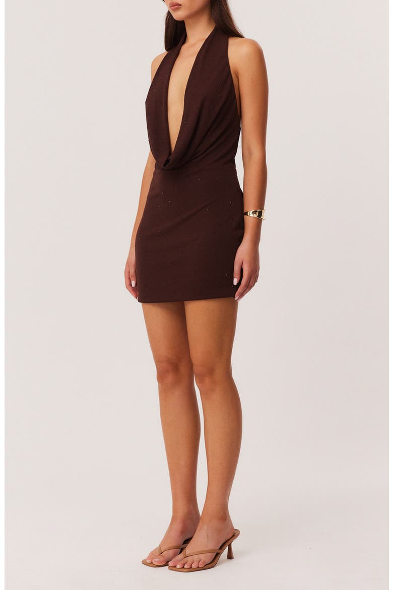 Rhonda Diamante Halter Minidress, Alternate, color, CHOCOLATE