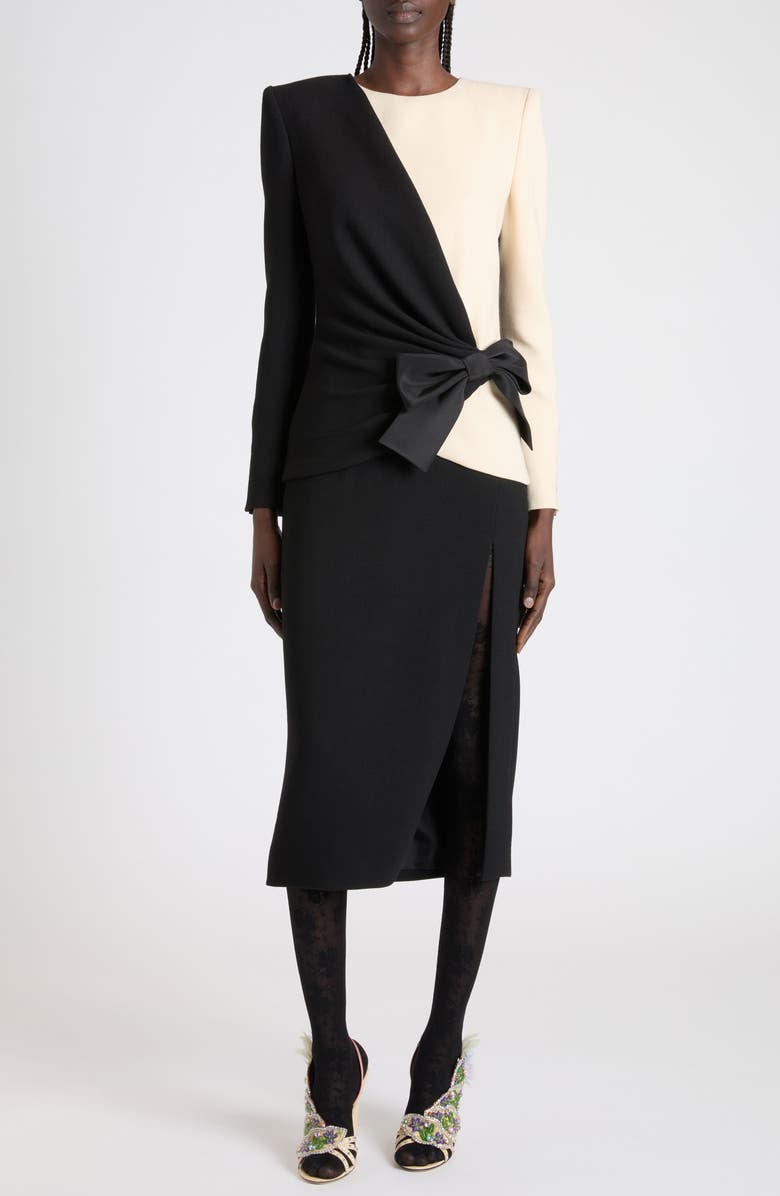 Valentino Bow Detail Long Sleeve Crepe Couture Dress, Main, color, Black/ Cream