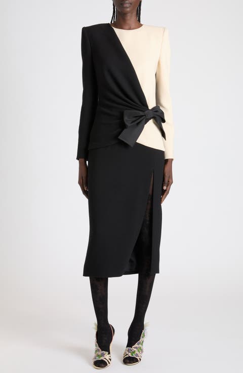 Bow Detail Long Sleeve Crepe Couture Dress