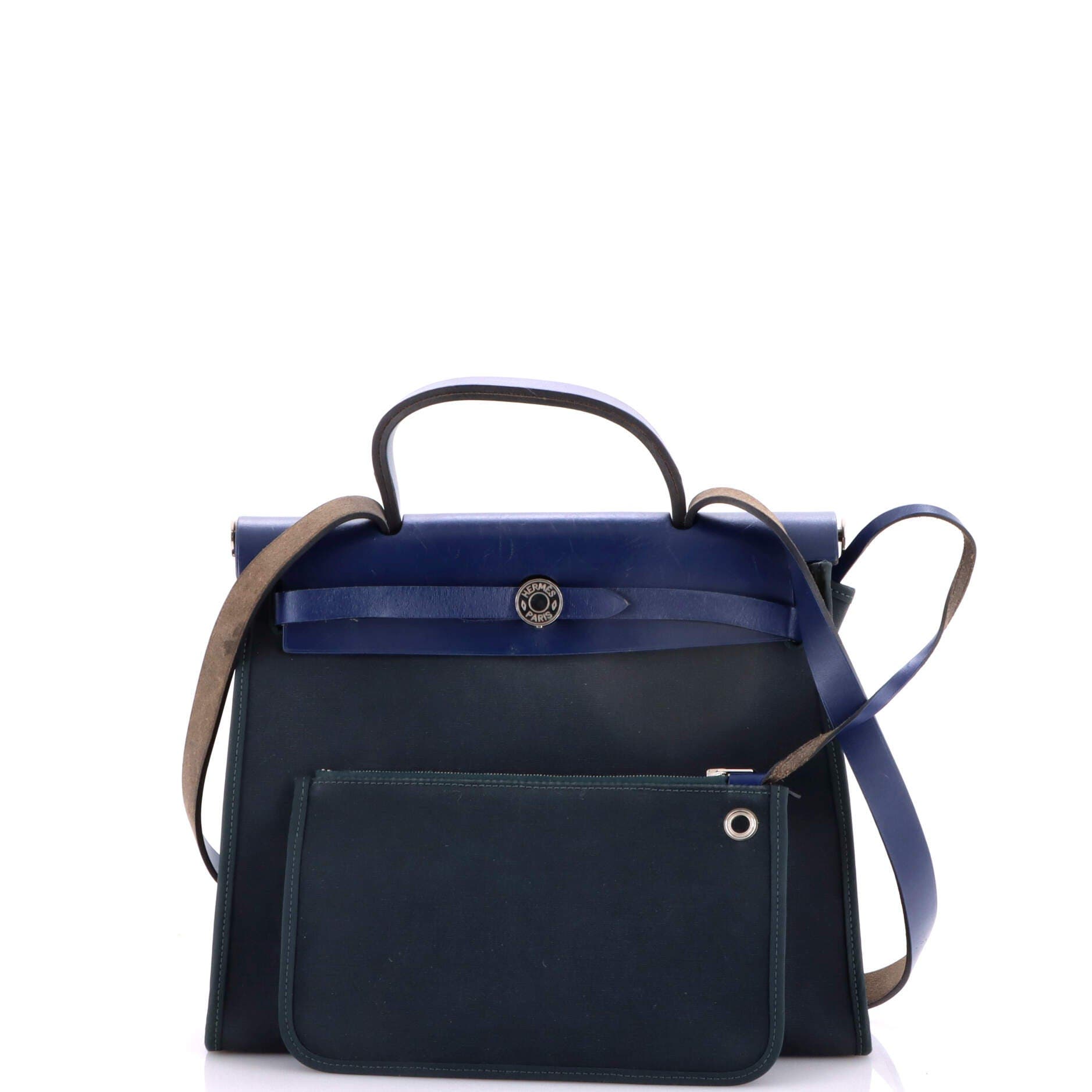 Pre-Owned Hermes Herbag Zip Leather and Toile 31, Alternate, color, Bleu Orage