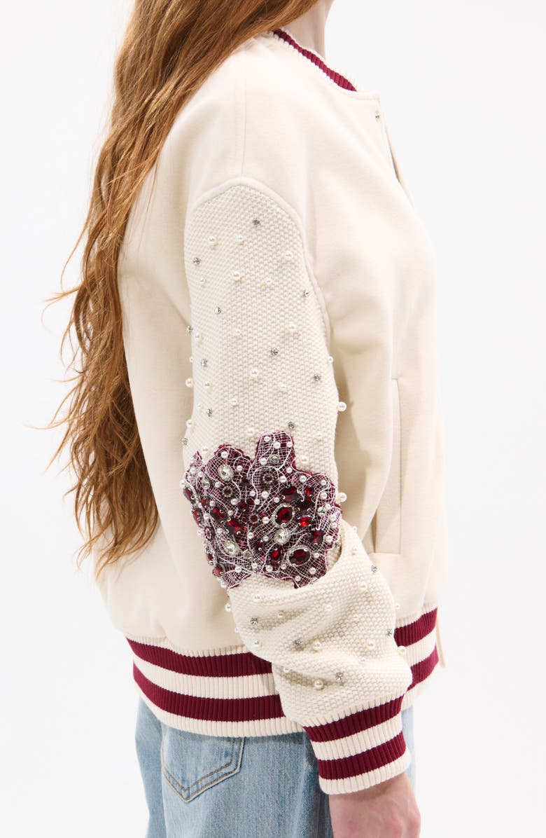 AZALEA WANG Crystal 13 Logo Bomber Jacket, Alternate, color, Cream Multi