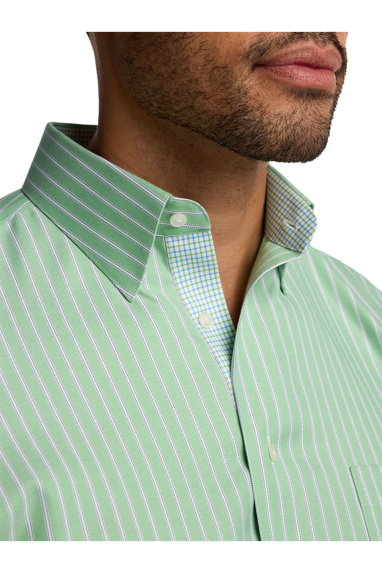 Cotton Poly Spandex Point Collar Twill Slim Contrast Trim Button Cuff Long Sleeve, Alternate, color, Green
