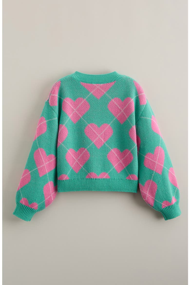 Kids' Heart Argyle Cotton Blend Jacquard Cardigan, Alternate, color, GREEN CYAN HEART ARGYLE
