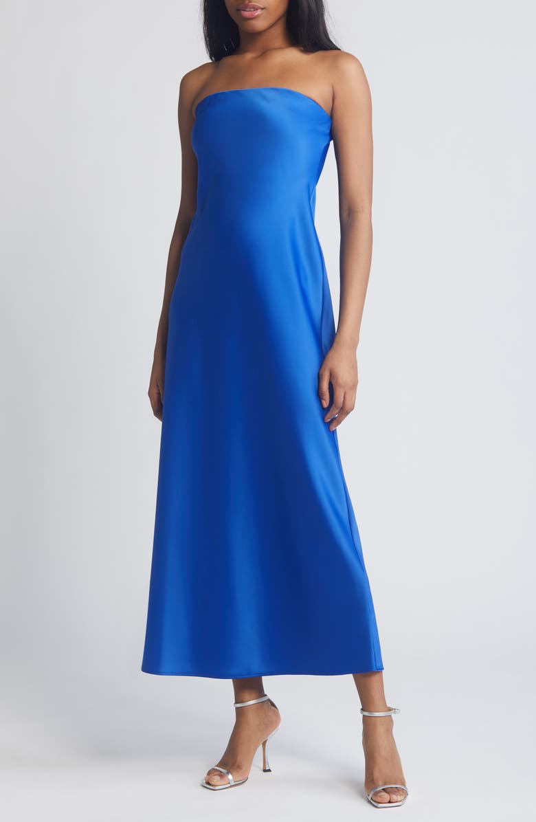 WAYF Strapless Matte Satin Bias Cut Gown, Main, color, Blue