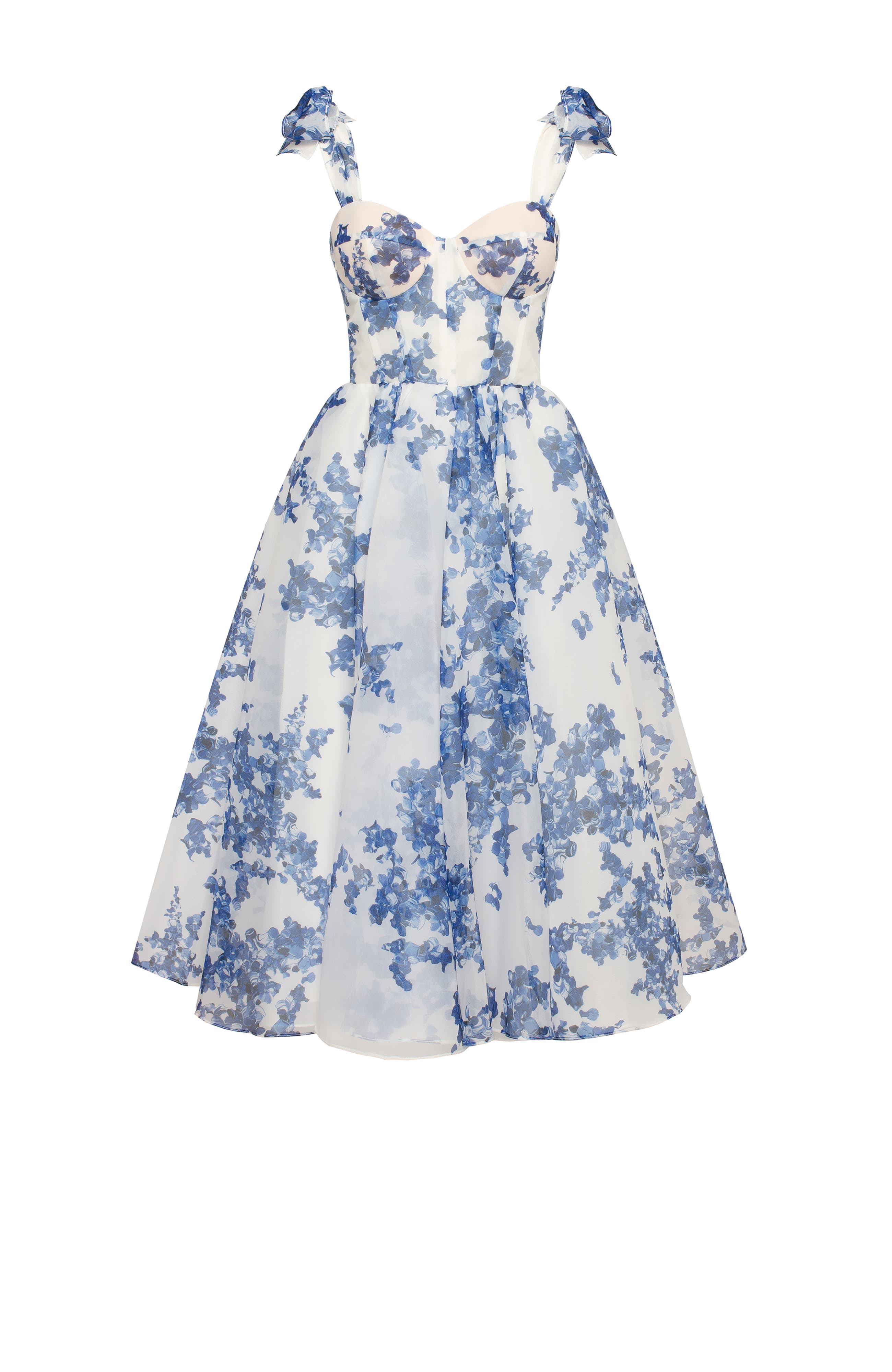 Milla Charming Blue Hydrangea-Patterned Organza Midi Dress in Blue-Navy 
