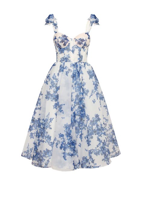 Charming Blue Hydrangea-Patterned Organza Midi Dress