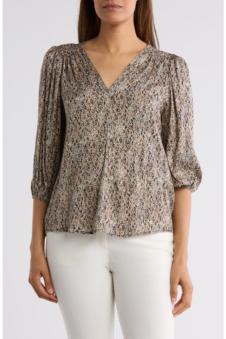 Dot V-Neck Three-Quarter Sleeve Top, Main, color, BLACK