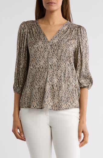 Renee C Dot V-Neck Three-Quarter Sleeve Top