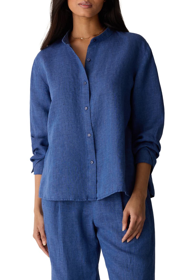 Mandarin Collar Long Sleeve Organic Linen Button-Up Shirt, Main, color, DEEP DIVE