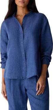 Eileen Fisher Mandarin Collar Long Sleeve Organic Linen Button-Up Shirt