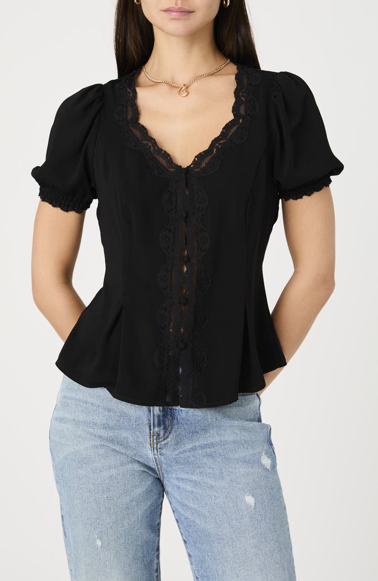 French Connection Lace Trim Puff Sleeve Button Front Peplum Top, Main, color, Black
