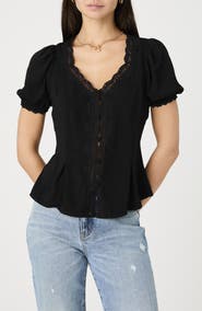 French Connection Lace Trim Puff Sleeve Button Front Peplum Top