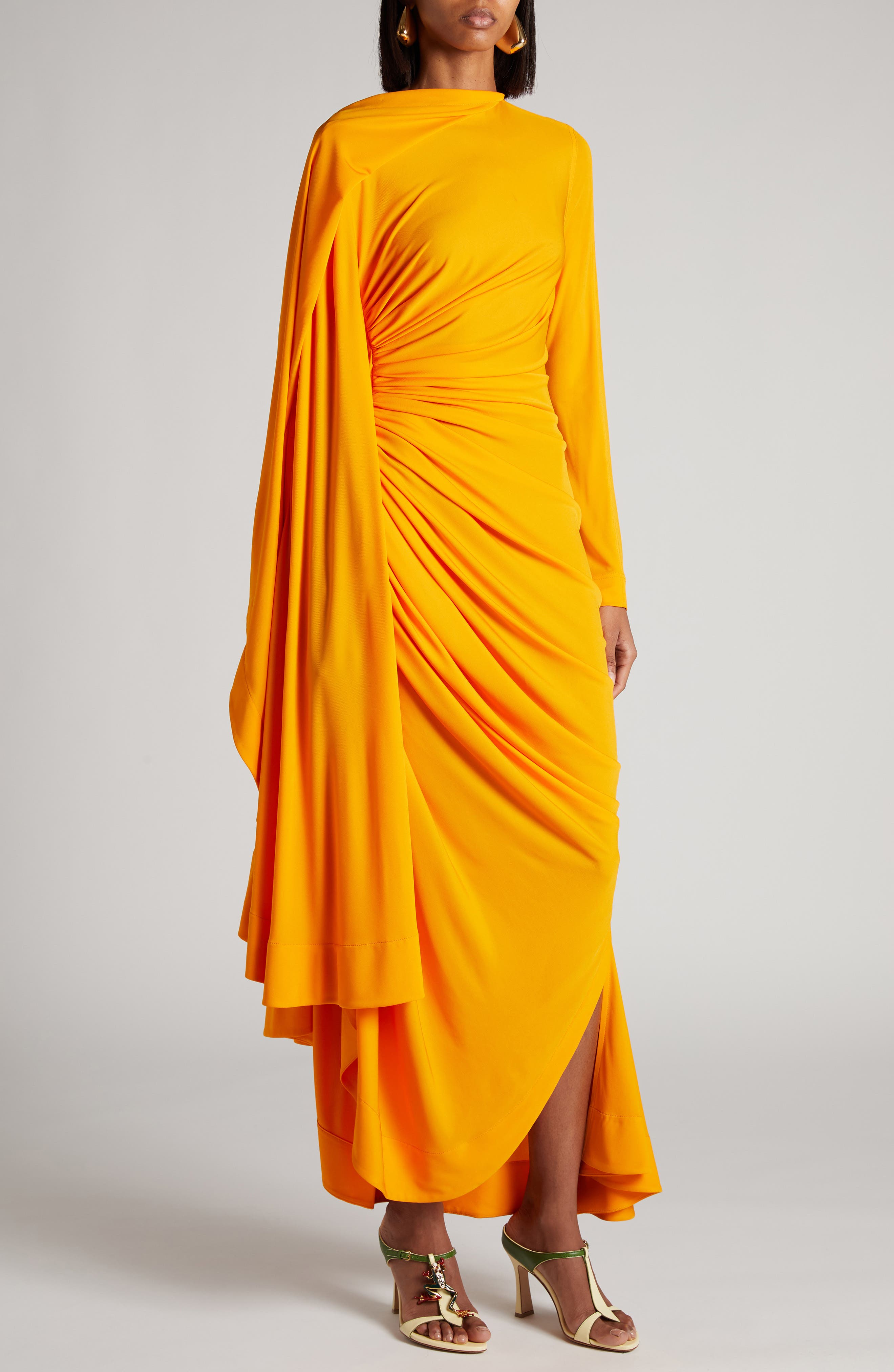 Bottega Veneta Draped Matte Viscose Jersey Cape Maxi Dress, Tangerine, Women's, 42 (6) Casual & Work Dresses Maxi Dresses