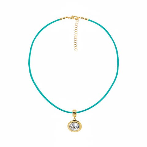 Colored CZ Oval Bezel Pendant & Rope Chain Choker Necklace