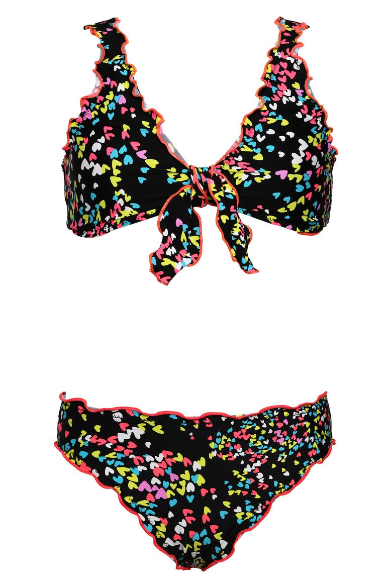 Kids' Hearts Merrow Lettuce Edge Two-Piece Swimsuit, Main, color, BLACK