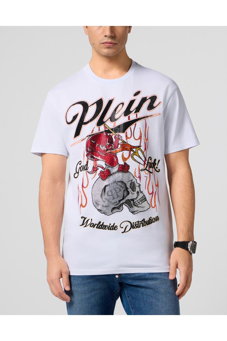Round Neck T-Shirt Little Devil Crystal Men, Main, color, white