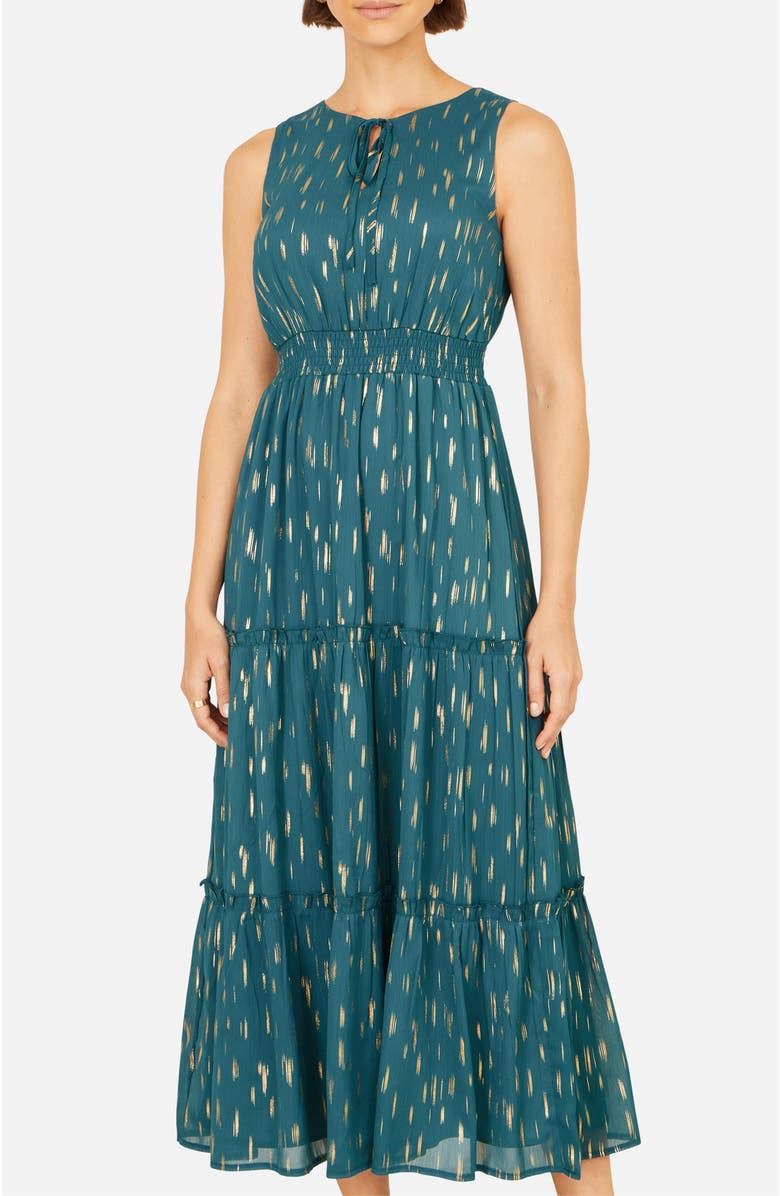 Yumi Foil Print Ruched Waist Midi Dress, Alternate, color, Teal