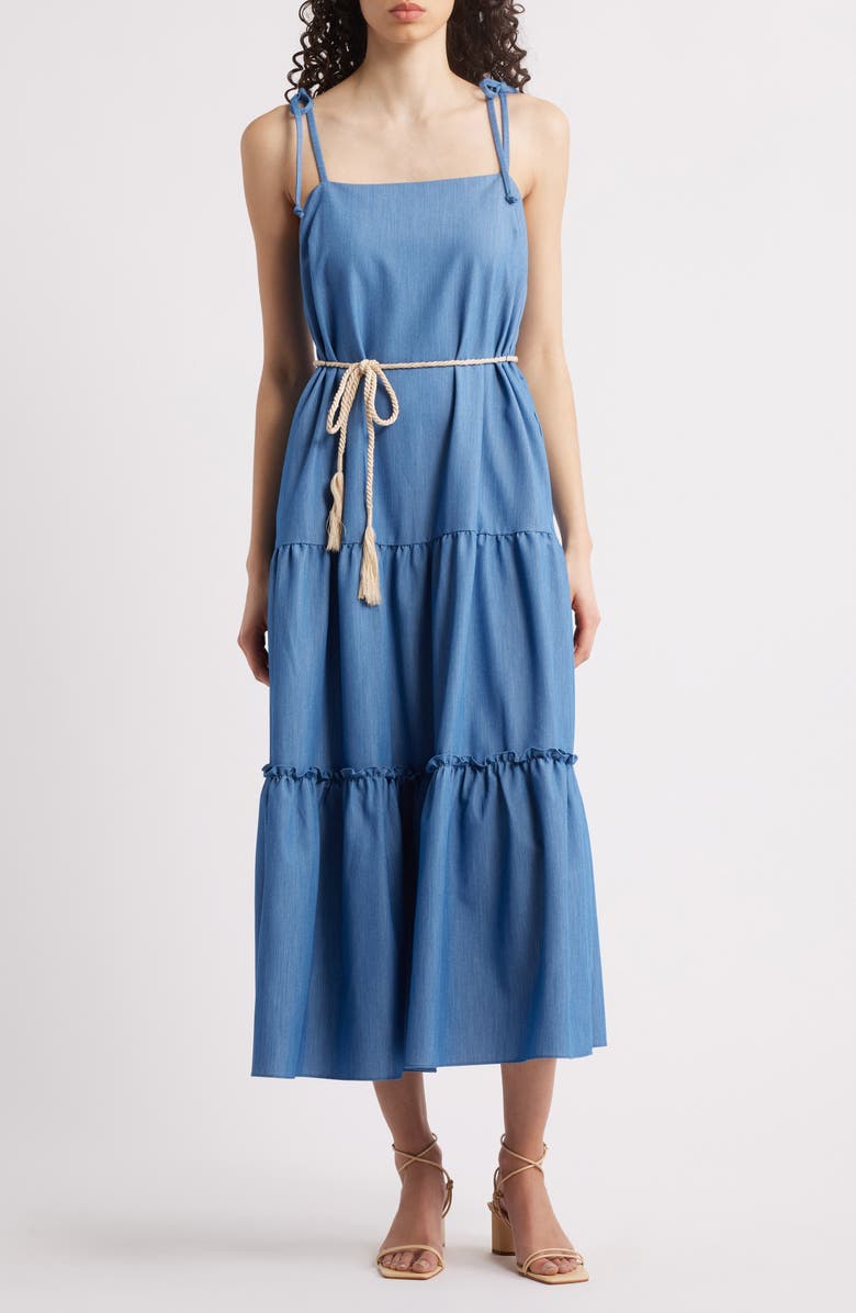 Julia Jordan Tie Strap Sleeveless Tiered Midi Dress, Main, color, 