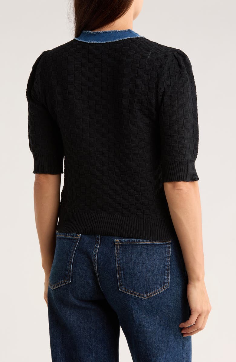 Ellen Tracy Frayed Denim Trim Short Sleeve Cardigan, Alternate, color, Black