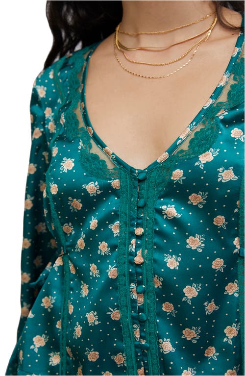 Free People Field Of Roses Satin & Lace Top In Green Combo
