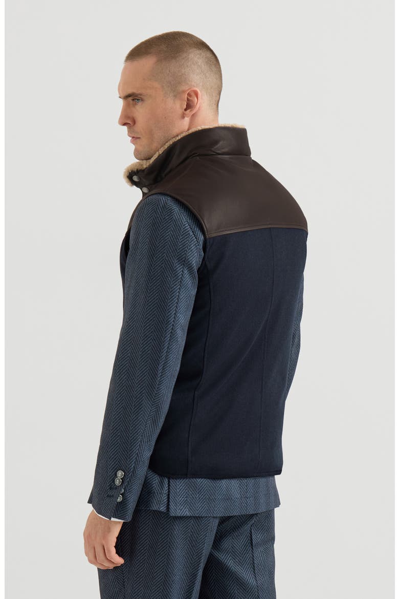 Bonded wool flannel paneled down vest with shearling collar and nappa leather inserts, Alternate, color, Blue