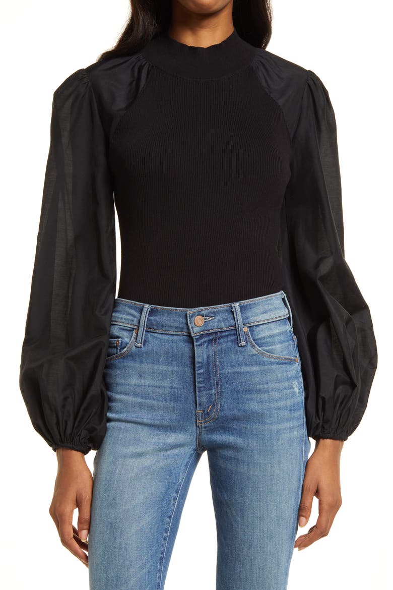 Cleo Mixed Media Balloon Sleeve Cotton Blend Blouse, Main, color, BLACK