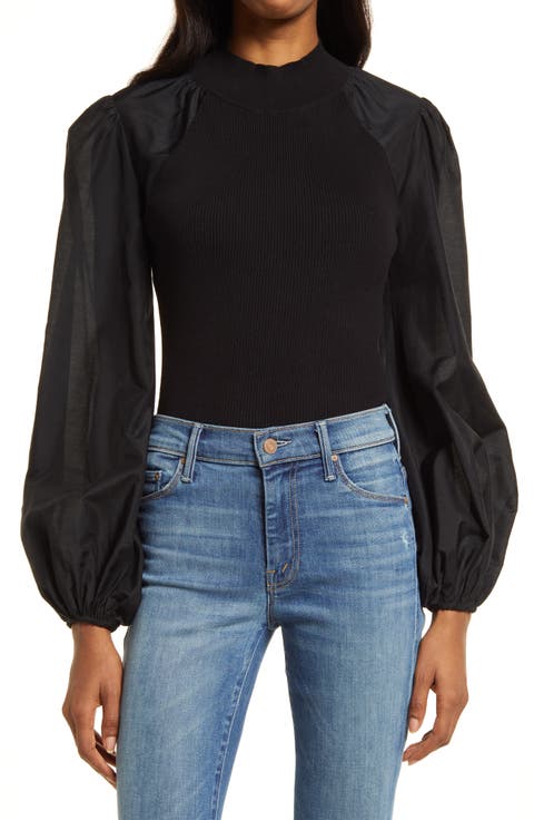 Cleo Mixed Media Balloon Sleeve Cotton Blend Blouse