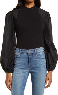 AllSaints Cleo Mixed Media Balloon Sleeve Cotton Blend Blouse