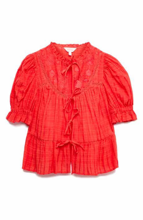 Embroidered Tie Front Top