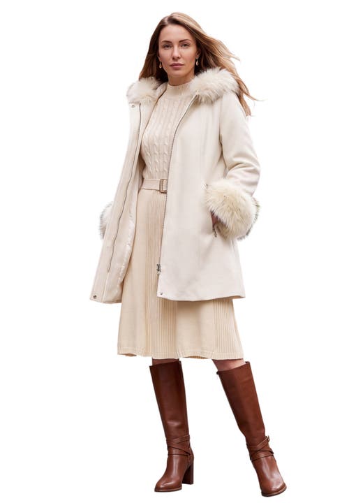 Jessica London Hooded Faux Fur Trim Coat In Ivory