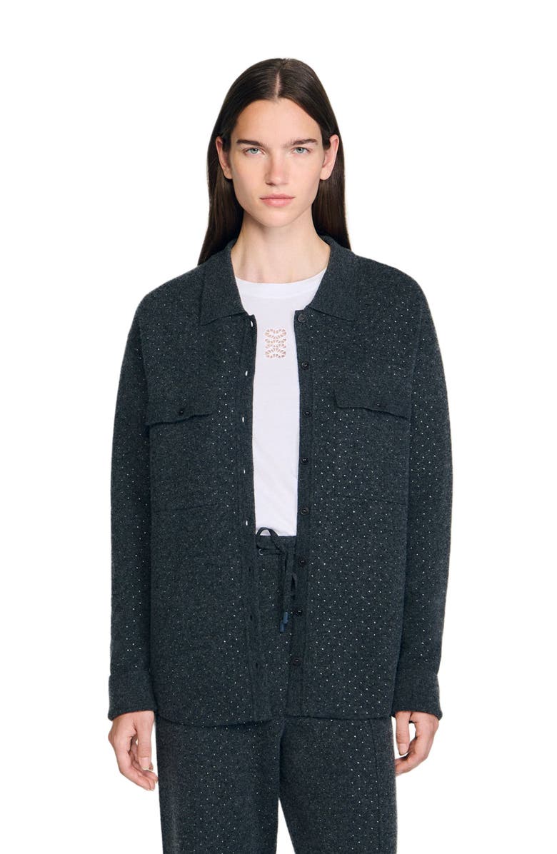 SANDRO Long rhinestone cardigan, Main, color, Charcoal Grey