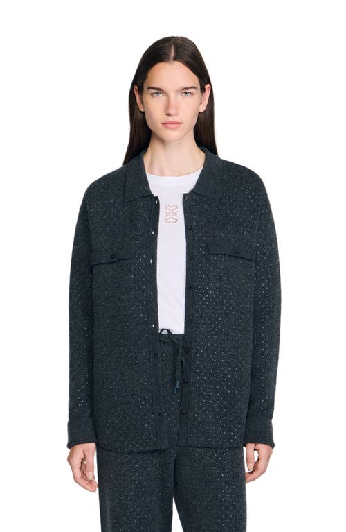 Sandro Long Rhinestone Cardigan In Gray