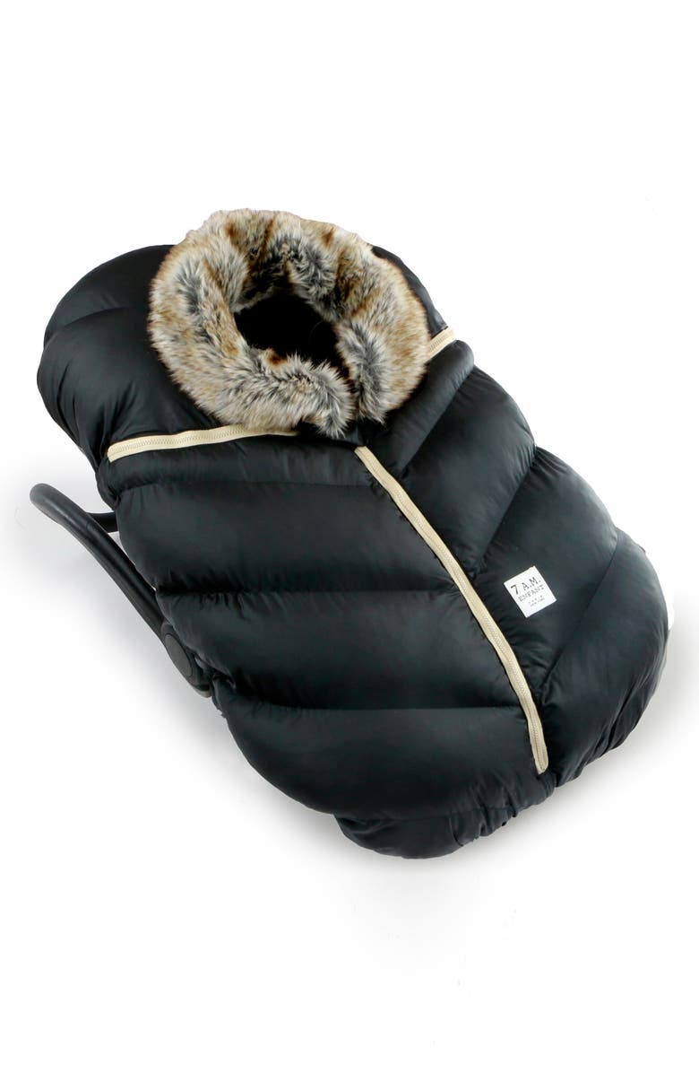 7 A.M. Enfant Water Repellent Faux Fur Trim Car Seat Cocoon, Alternate, color, Black Faux Fur